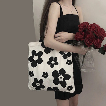 Τσάντα καμβά Μαύρο και άσπρο λουλούδια Μοντέρνα και ευέλικτη τσάντα ώμου Τσάντα αγορών μεγάλης χωρητικότητας Τσάντα τσάντα για γυναίκες
