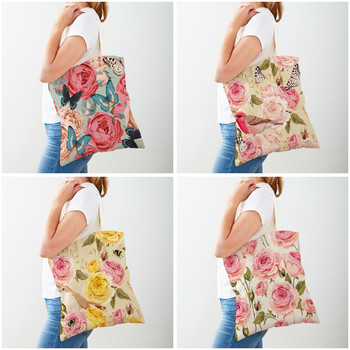 Γυναικεία τσάντα αγορών και στις δύο όψεις Τσάντα αγορών με ροζ λουλουδάτο πουλί, επαναχρησιμοποιήσιμη τσάντα λουλουδιών φυτών, Casual καμβά