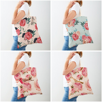 Γυναικεία τσάντα αγορών και στις δύο όψεις Τσάντα αγορών με ροζ λουλουδάτο πουλί, επαναχρησιμοποιήσιμη τσάντα λουλουδιών φυτών, Casual καμβά