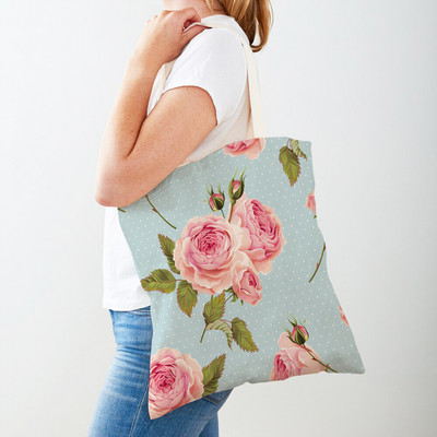 Двустранна дамска чанта за пазаруване Дамска чанта с анимационни рози и флорални птици Многократна чанта с принт на цветя с растения Ежедневна платнена пазарска чанта