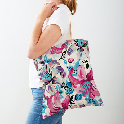 Двустранна дамска чанта за пазаруване Дамска чанта с анимационни рози и флорални птици Многократна чанта с принт на цветя с растения Ежедневна платнена пазарска чанта