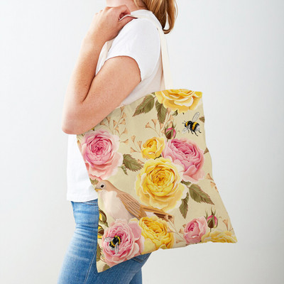 Двустранна дамска чанта за пазаруване Дамска чанта с анимационни рози и флорални птици Многократна чанта с принт на цветя с растения Ежедневна платнена пазарска чанта