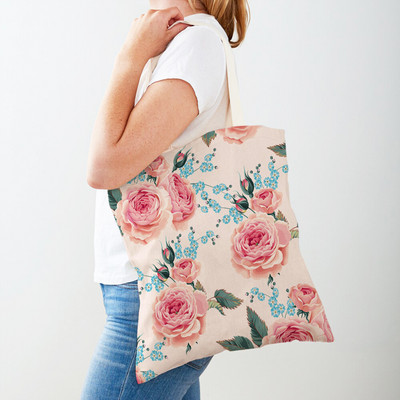 Двустранна дамска чанта за пазаруване Дамска чанта с анимационни рози и флорални птици Многократна чанта с принт на цветя с растения Ежедневна платнена пазарска чанта