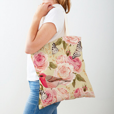 Двустранна дамска чанта за пазаруване Дамска чанта с анимационни рози и флорални птици Многократна чанта с принт на цветя с растения Ежедневна платнена пазарска чанта