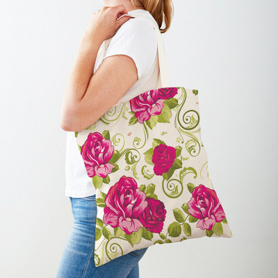 Двустранна дамска чанта за пазаруване Дамска чанта с анимационни рози и флорални птици Многократна чанта с принт на цветя с растения Ежедневна платнена пазарска чанта