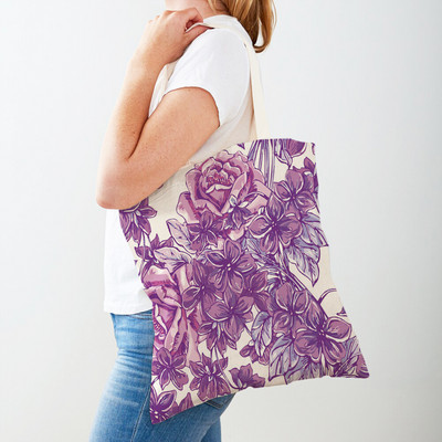 Двустранна дамска чанта за пазаруване Дамска чанта с анимационни рози и флорални птици Многократна чанта с принт на цветя с растения Ежедневна платнена пазарска чанта