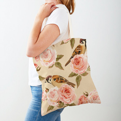 Двустранна дамска чанта за пазаруване Дамска чанта с анимационни рози и флорални птици Многократна чанта с принт на цветя с растения Ежедневна платнена пазарска чанта