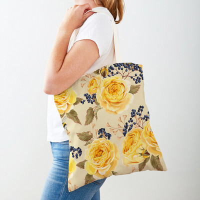 Двустранна дамска чанта за пазаруване Дамска чанта с анимационни рози и флорални птици Многократна чанта с принт на цветя с растения Ежедневна платнена пазарска чанта