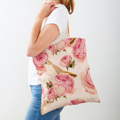Двустранна дамска чанта за пазаруване Дамска чанта с анимационни рози и флорални птици Многократна чанта с принт на цветя с растения Ежедневна платнена пазарска чанта