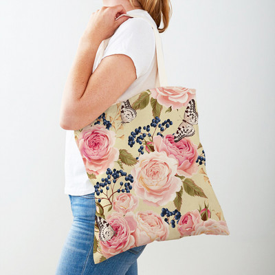 Двустранна дамска чанта за пазаруване Дамска чанта с анимационни рози и флорални птици Многократна чанта с принт на цветя с растения Ежедневна платнена пазарска чанта