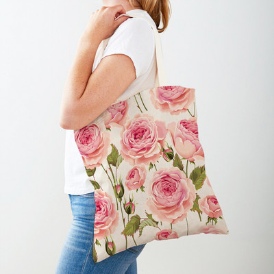 Двустранна дамска чанта за пазаруване Дамска чанта с анимационни рози и флорални птици Многократна чанта с принт на цветя с растения Ежедневна платнена пазарска чанта
