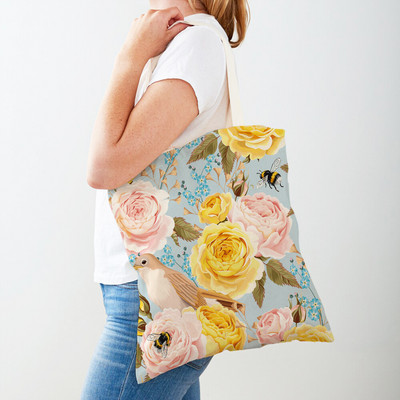 Двустранна дамска чанта за пазаруване Дамска чанта с анимационни рози и флорални птици Многократна чанта с принт на цветя с растения Ежедневна платнена пазарска чанта