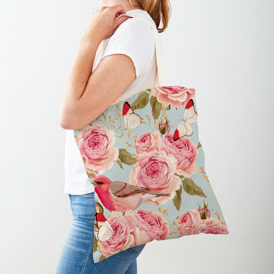 Двустранна дамска чанта за пазаруване Дамска чанта с анимационни рози и флорални птици Многократна чанта с принт на цветя с растения Ежедневна платнена пазарска чанта