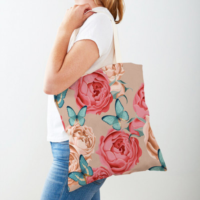 Двустранна дамска чанта за пазаруване Дамска чанта с анимационни рози и флорални птици Многократна чанта с принт на цветя с растения Ежедневна платнена пазарска чанта