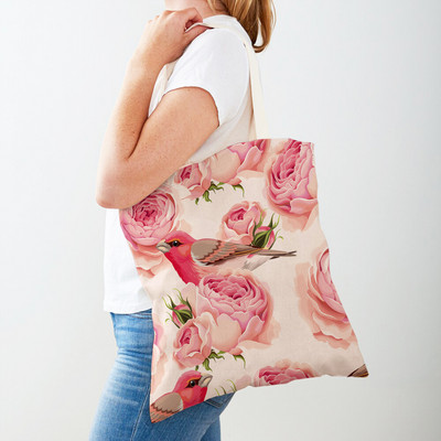 Двустранна дамска чанта за пазаруване Дамска чанта с анимационни рози и флорални птици Многократна чанта с принт на цветя с растения Ежедневна платнена пазарска чанта