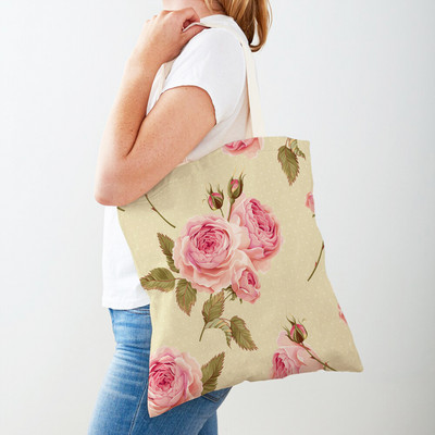 Двустранна дамска чанта за пазаруване Дамска чанта с анимационни рози и флорални птици Многократна чанта с принт на цветя с растения Ежедневна платнена пазарска чанта