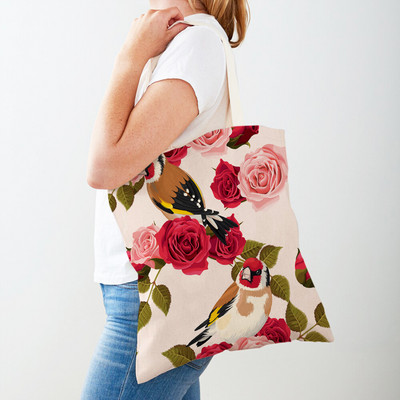 Двустранна дамска чанта за пазаруване Дамска чанта с анимационни рози и флорални птици Многократна чанта с принт на цветя с растения Ежедневна платнена пазарска чанта