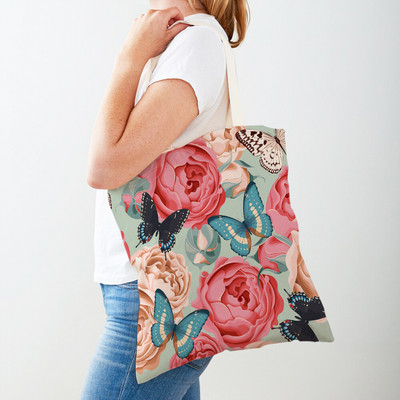 Двустранна дамска чанта за пазаруване Дамска чанта с анимационни рози и флорални птици Многократна чанта с принт на цветя с растения Ежедневна платнена пазарска чанта