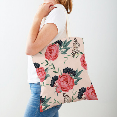 Двустранна дамска чанта за пазаруване Дамска чанта с анимационни рози и флорални птици Многократна чанта с принт на цветя с растения Ежедневна платнена пазарска чанта