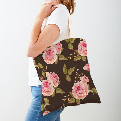 Двустранна дамска чанта за пазаруване Дамска чанта с анимационни рози и флорални птици Многократна чанта с принт на цветя с растения Ежедневна платнена пазарска чанта