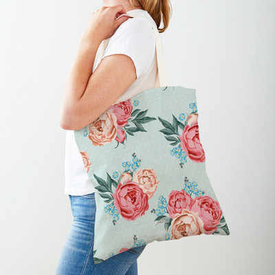 Двустранна дамска чанта за пазаруване Дамска чанта с анимационни рози и флорални птици Многократна чанта с принт на цветя с растения Ежедневна платнена пазарска чанта