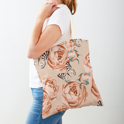 Двустранна дамска чанта за пазаруване Дамска чанта с анимационни рози и флорални птици Многократна чанта с принт на цветя с растения Ежедневна платнена пазарска чанта