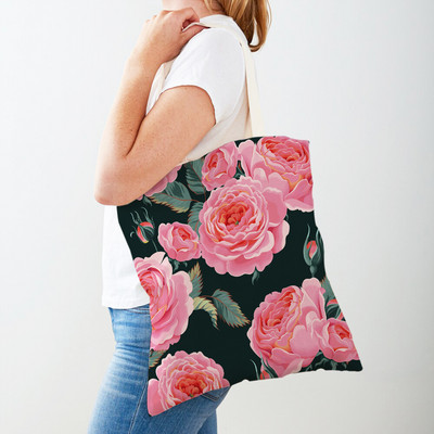Двустранна дамска чанта за пазаруване Дамска чанта с анимационни рози и флорални птици Многократна чанта с принт на цветя с растения Ежедневна платнена пазарска чанта