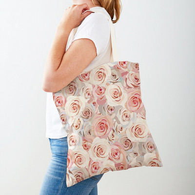 Двустранна дамска чанта за пазаруване Дамска чанта с анимационни рози и флорални птици Многократна чанта с принт на цветя с растения Ежедневна платнена пазарска чанта