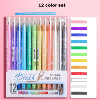 12 бр. Комплект писалки с метални четки с мастило Двустранна метална цветна рисунка Арт Маркер Линер Ръчно писане Надписи Калиграфия Живопис F912