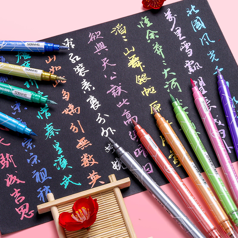 12 бр. Комплект писалки с метални четки с мастило Двустранна метална цветна рисунка Арт Маркер Линер Ръчно писане Надписи Калиграфия Живопис F912
