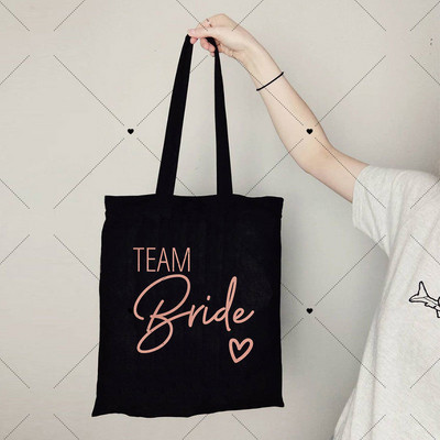 Team Bride nyomtatott rózsaszín betűtípusú fehér vászon Környezetbarát bevásárlótáska Kiváló minőségű női alkalmi nagy kézitáska, mosható táska
