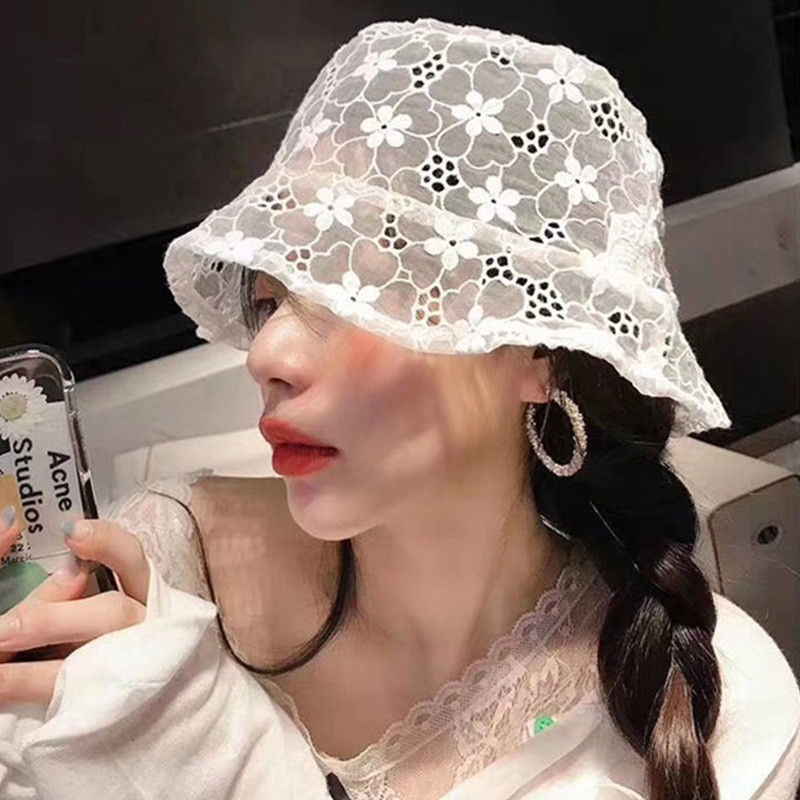 Летни слънчеви шапки Дамски рибарски шапки Прозрачни бродирани дантелени цветя Панамски плажни шапки Кофа за слънчев риболов Дишаща гора