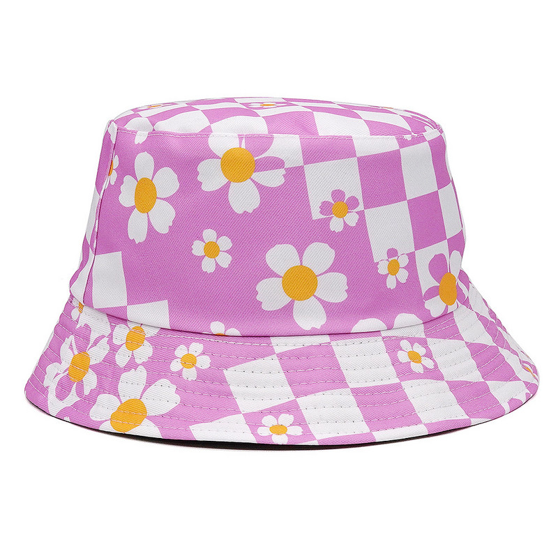 Черно-бели карирани шапки с кофа Мъже Жени Боб Летни флорални карирани щампи Рибарска шапка Пътна шапка за плажен риболов Панама