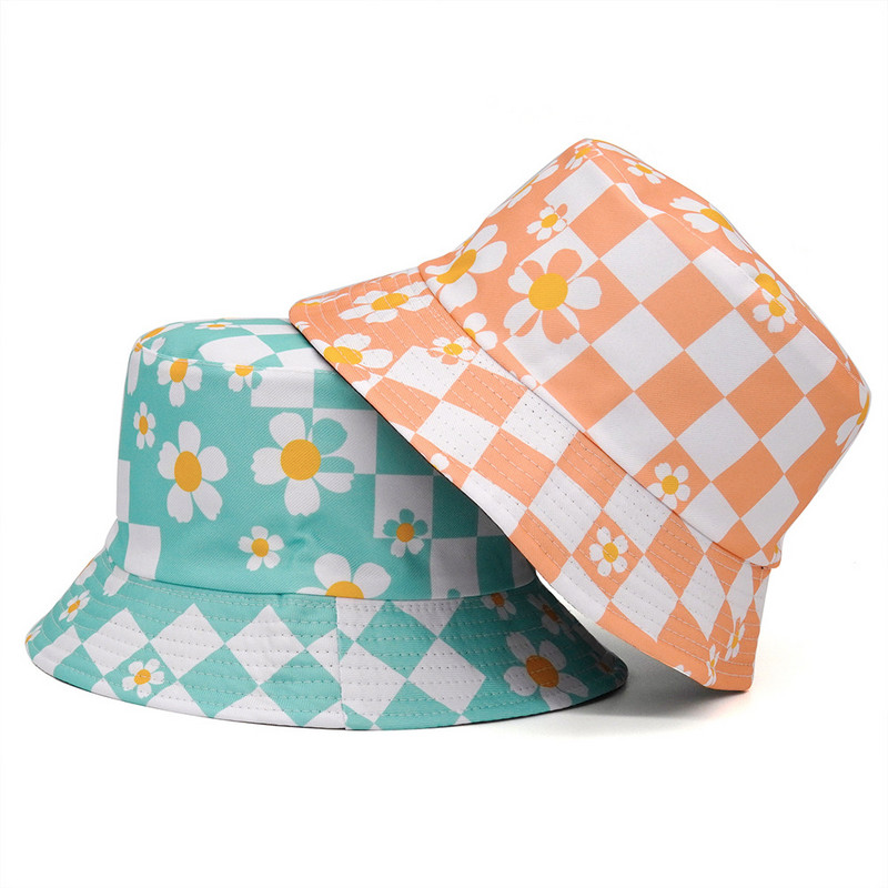 Черно-бели карирани шапки с кофа Мъже Жени Боб Летни флорални карирани щампи Рибарска шапка Пътна шапка за плажен риболов Панама
