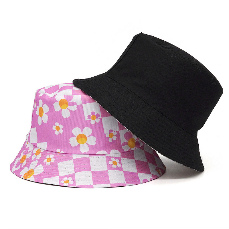 Черно-бели карирани шапки с кофа Мъже Жени Боб Летни флорални карирани щампи Рибарска шапка Пътна шапка за плажен риболов Панама