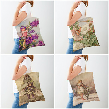 Και οι δύο Εκτύπωση Cartoon Flower Girl Τσάντα αγορών για γυναίκες Child Shopper Bag Casual Fairy Tale World Elves Canvas Shoulder Bag