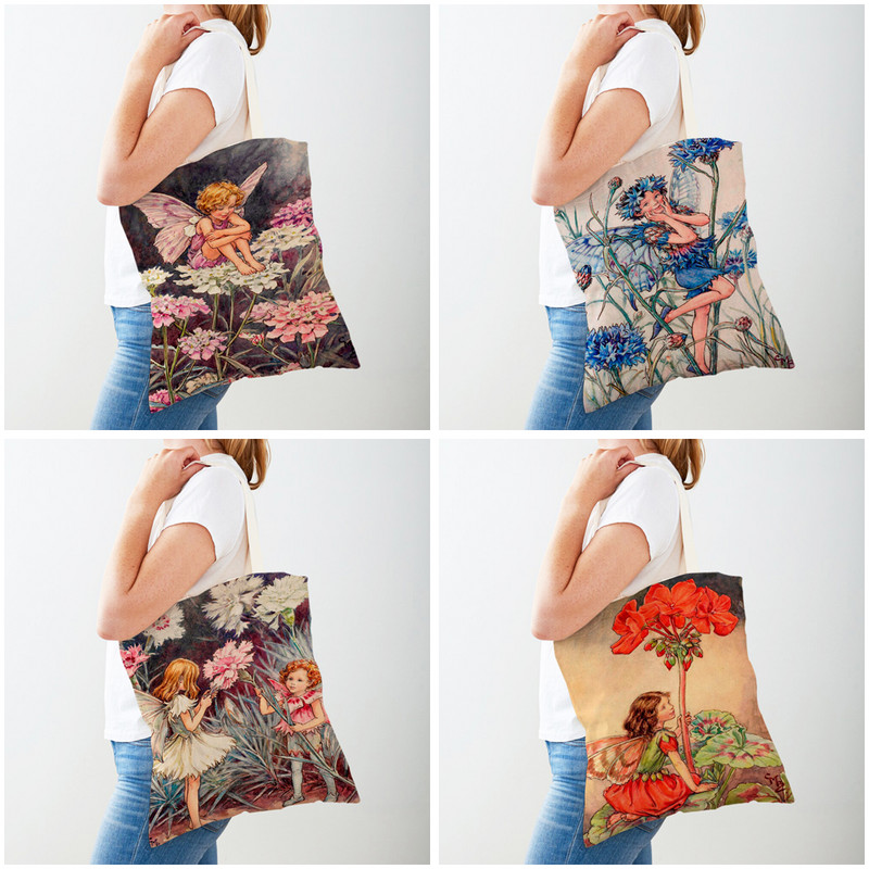 Both Print Cartoon Flower Girl Пазарска чанта за жени Детска чанта за пазаруване Ежедневна чанта Fairy Tale World Elves Платнена чанта през рамо