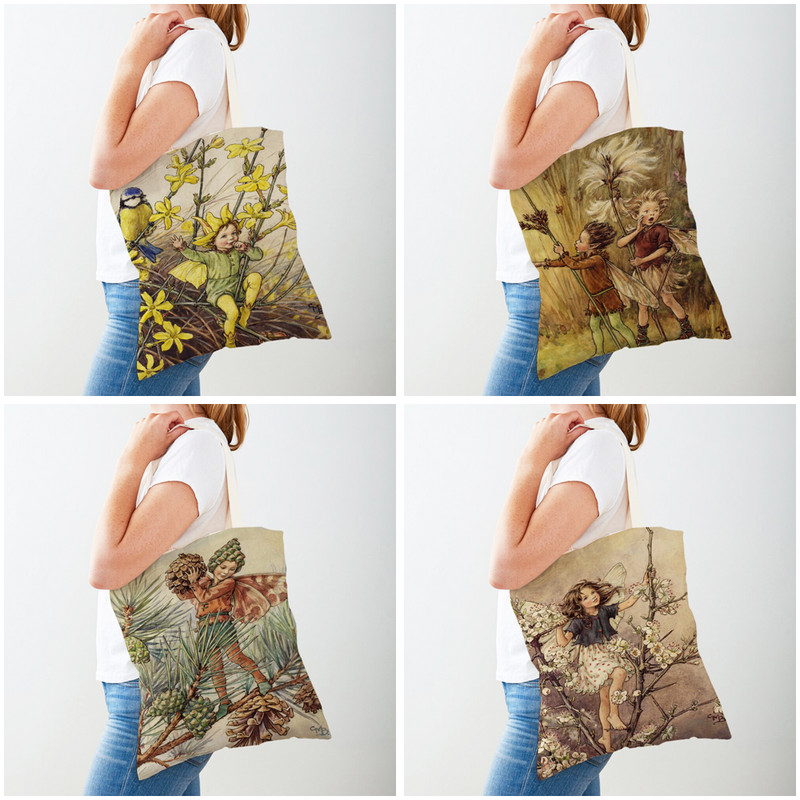 Both Print Cartoon Flower Girl Пазарска чанта за жени Детска чанта за пазаруване Ежедневна чанта Fairy Tale World Elves Платнена чанта през рамо