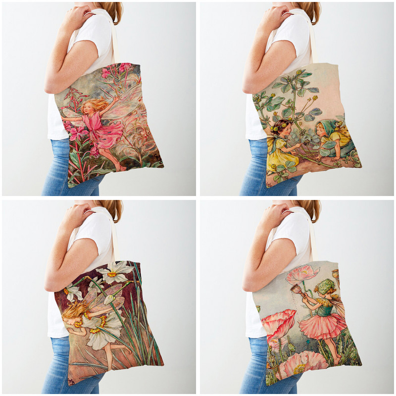 Both Print Cartoon Flower Girl Пазарска чанта за жени Детска чанта за пазаруване Ежедневна чанта Fairy Tale World Elves Платнена чанта през рамо