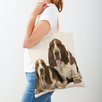 Двустранна чанта за пазаруване на кучета с басет хрътка Платнена дамска дамска ръчна чанта Сладък домашен любимец Животински модел Ежедневни пътни чанти за пазаруване