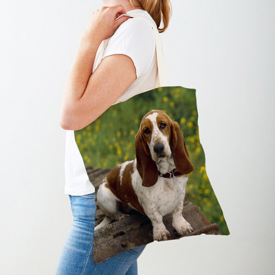 Двустранна чанта за пазаруване на кучета с басет хрътка Платнена дамска дамска ръчна чанта Сладък домашен любимец Животински модел Ежедневни пътни чанти за пазаруване