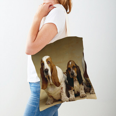 Двустранна чанта за пазаруване на кучета с басет хрътка Платнена дамска дамска ръчна чанта Сладък домашен любимец Животински модел Ежедневни пътни чанти за пазаруване