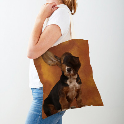 Двустранна чанта за пазаруване на кучета с басет хрътка Платнена дамска дамска ръчна чанта Сладък домашен любимец Животински модел Ежедневни пътни чанти за пазаруване
