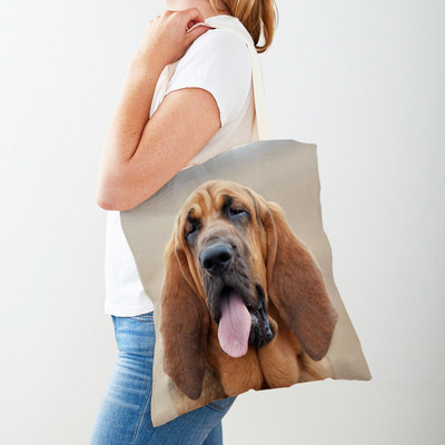 Двустранна чанта за пазаруване на кучета с басет хрътка Платнена дамска дамска ръчна чанта Сладък домашен любимец Животински модел Ежедневни пътни чанти за пазаруване