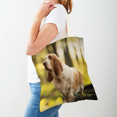 Двустранна чанта за пазаруване на кучета с басет хрътка Платнена дамска дамска ръчна чанта Сладък домашен любимец Животински модел Ежедневни пътни чанти за пазаруване