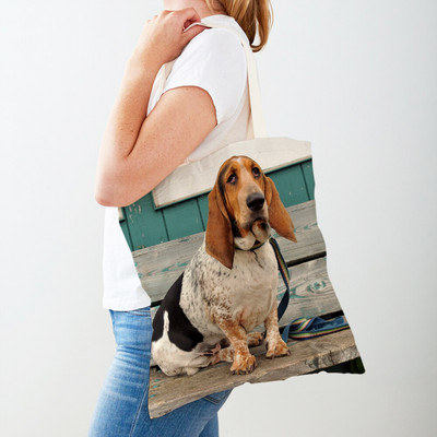 Двустранна чанта за пазаруване на кучета с басет хрътка Платнена дамска дамска ръчна чанта Сладък домашен любимец Животински модел Ежедневни пътни чанти за пазаруване