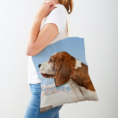 Двустранна чанта за пазаруване на кучета с басет хрътка Платнена дамска дамска ръчна чанта Сладък домашен любимец Животински модел Ежедневни пътни чанти за пазаруване