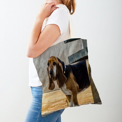 Двустранна чанта за пазаруване на кучета с басет хрътка Платнена дамска дамска ръчна чанта Сладък домашен любимец Животински модел Ежедневни пътни чанти за пазаруване