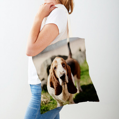 Двустранна чанта за пазаруване на кучета с басет хрътка Платнена дамска дамска ръчна чанта Сладък домашен любимец Животински модел Ежедневни пътни чанти за пазаруване