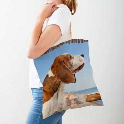 Двустранна чанта за пазаруване на кучета с басет хрътка Платнена дамска дамска ръчна чанта Сладък домашен любимец Животински модел Ежедневни пътни чанти за пазаруване